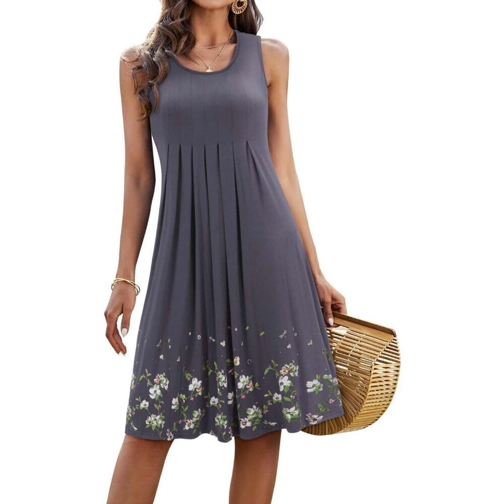 🆕Women Gray Rayon Floral Pleated Midi Sleeveless Knee Length  Beach Sun Dress